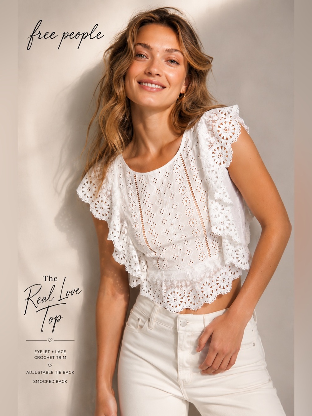 Free People The Real Love Top White Eyelet Lace Crochet M Western Boho Coastal